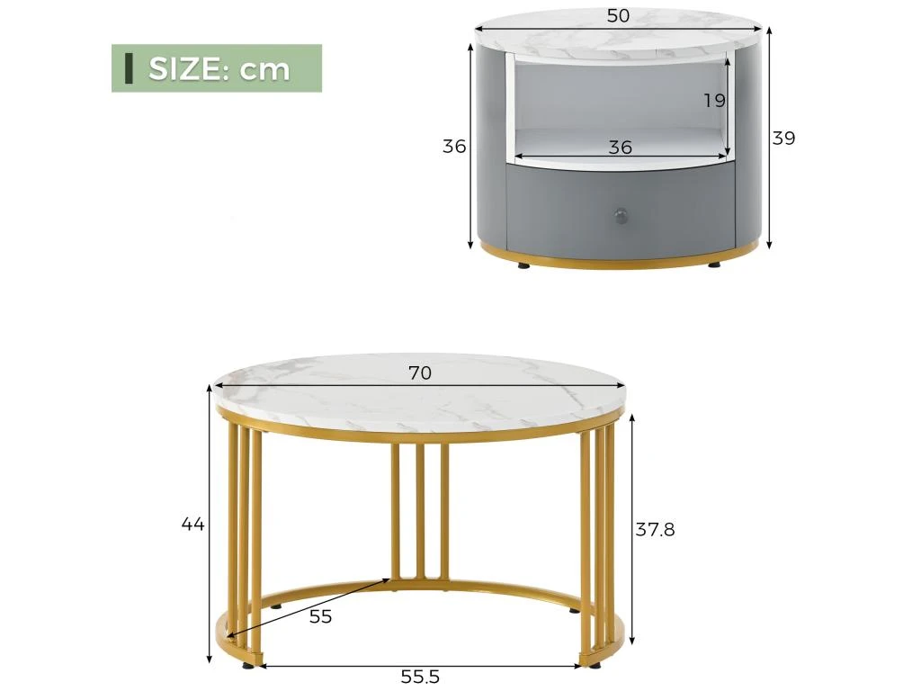 Lot De 2 Tables Gigognes Avec 1 Tiroir - Cadre En Métal Doré - Motif Marbre - Blanc & Gris 5 Lot De 2 Tables Gigognes Avec 1 Tiroir - Cadre En Métal Doré - Motif Marbre - Blanc & Gris – Image 5