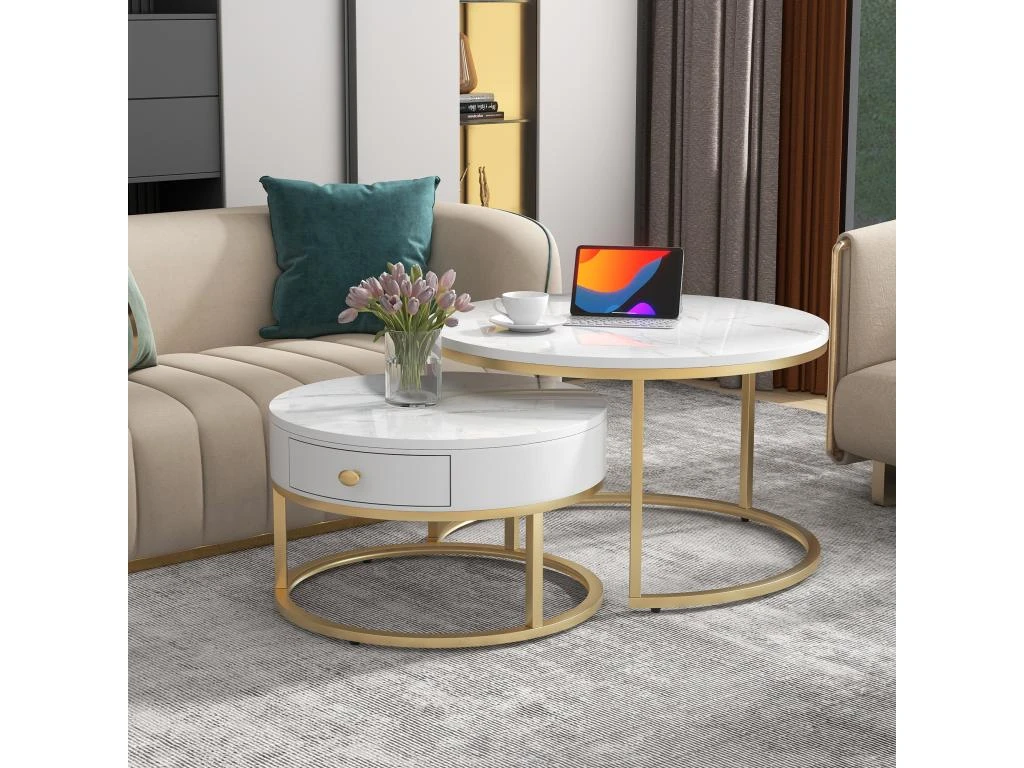 Table Basse Gigogne Avec Tiroir - Motif Marbre - Aspect Brillant - Blanc 1 Table Basse Gigogne Avec Tiroir - Motif Marbre - Aspect Brillant - Blanc