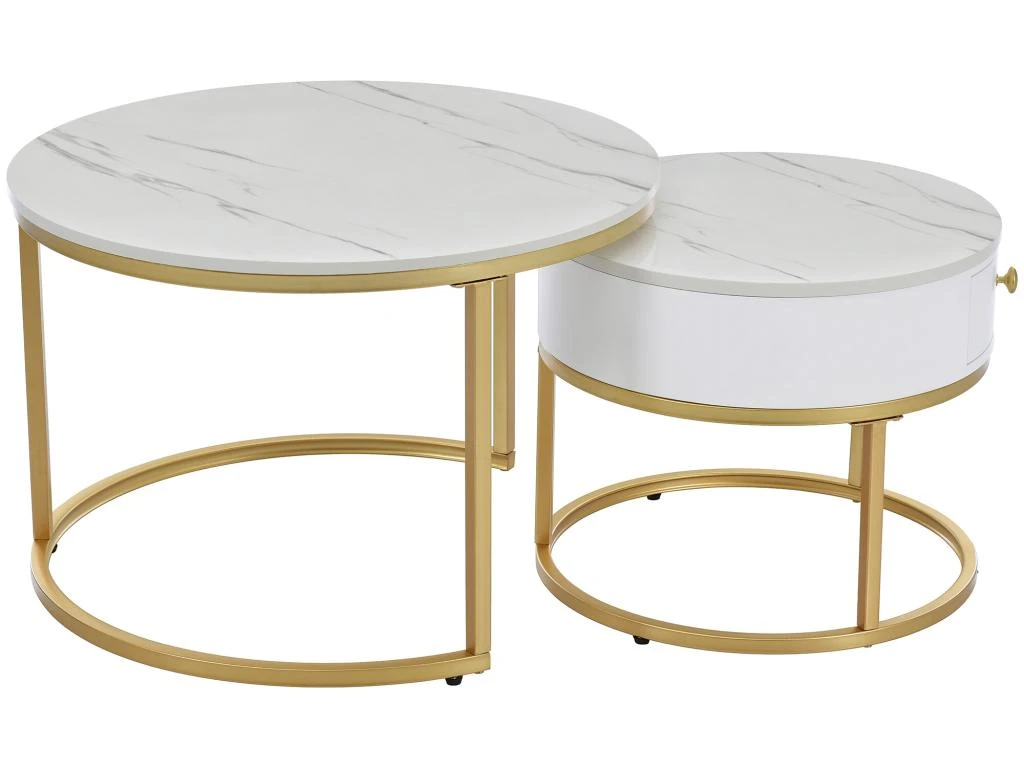 Table Basse Gigogne Avec Tiroir - Motif Marbre - Aspect Brillant - Blanc 2 Table Basse Gigogne Avec Tiroir - Motif Marbre - Aspect Brillant - Blanc – Image 2