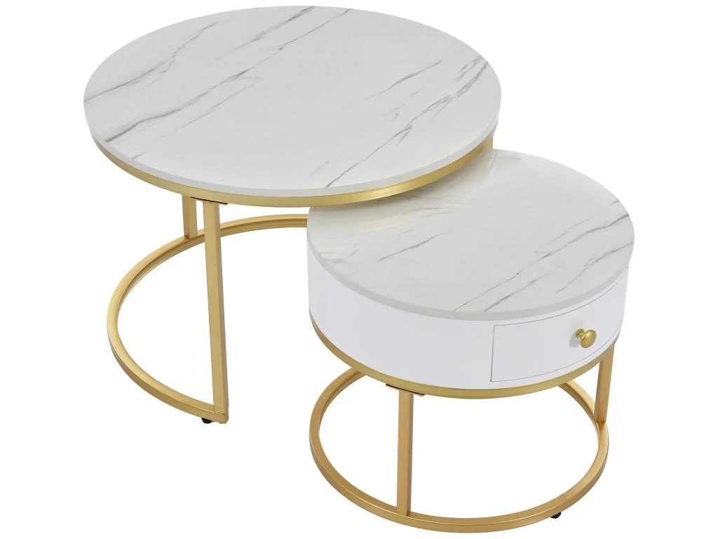 Table Basse Gigogne Avec Tiroir - Motif Marbre - Aspect Brillant - Blanc 4 Table Basse Gigogne Avec Tiroir - Motif Marbre - Aspect Brillant - Blanc – Image 4