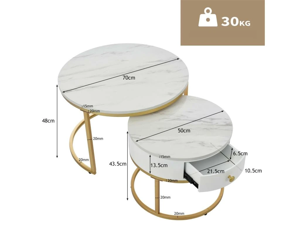 Table Basse Gigogne Avec Tiroir - Motif Marbre - Aspect Brillant - Blanc 5 Table Basse Gigogne Avec Tiroir - Motif Marbre - Aspect Brillant - Blanc – Image 5