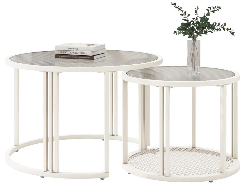 Lot De 2 Tables Gigognes - Plateau En Verre Ondulé à L'eau - Finition Blanc Laiteux -blanc 2 Lot De 2 Tables Gigognes - Plateau En Verre Ondulé à L'eau - Finition Blanc Laiteux -blanc – Image 2