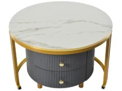 Lot De 2 Tables Basses Gigognes Avec 2 Tiroirs - Plateaux En Effet Marbre Et En Verre Trempé - Or & Gris -Deco.fr Soldes Boutique table basse 21134693