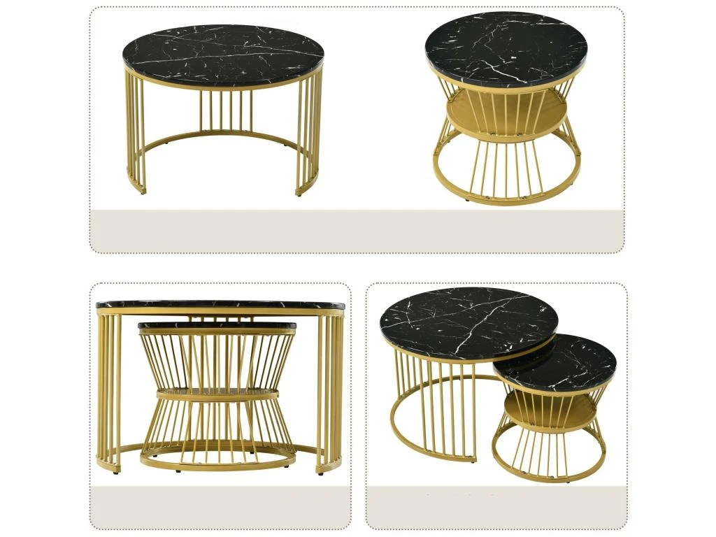 Lot De 2 Tables Gigognes - Bois Marbré Et Pieds En Métal - Noir 2 Lot De 2 Tables Gigognes - Bois Marbré Et Pieds En Métal - Noir – Image 2