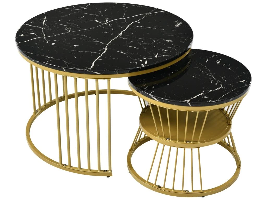 Lot De 2 Tables Gigognes - Bois Marbré Et Pieds En Métal - Noir 4 Lot De 2 Tables Gigognes - Bois Marbré Et Pieds En Métal - Noir – Image 4