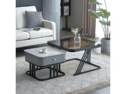 Lot De 2 Tables Gigognes Avec Un Tiroir - Recouverte De Verre Et De Marbre - Gris