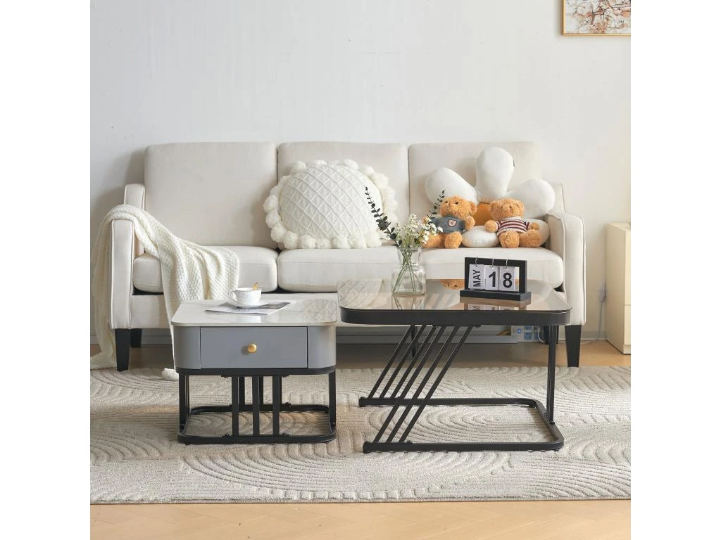 Lot De 2 Tables Gigognes Avec Un Tiroir - Recouverte De Verre Et De Marbre - Gris 2 Lot De 2 Tables Gigognes Avec Un Tiroir - Recouverte De Verre Et De Marbre - Gris – Image 2