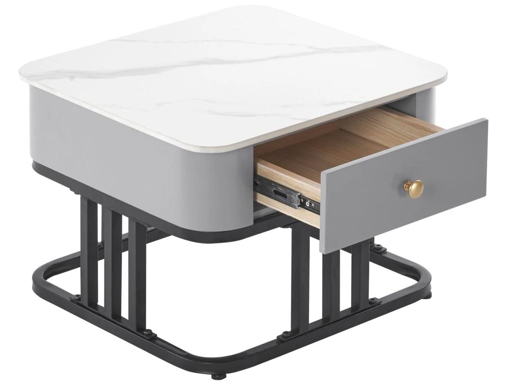 Lot De 2 Tables Gigognes Avec Un Tiroir - Recouverte De Verre Et De Marbre - Gris 4 Lot De 2 Tables Gigognes Avec Un Tiroir - Recouverte De Verre Et De Marbre - Gris – Image 4