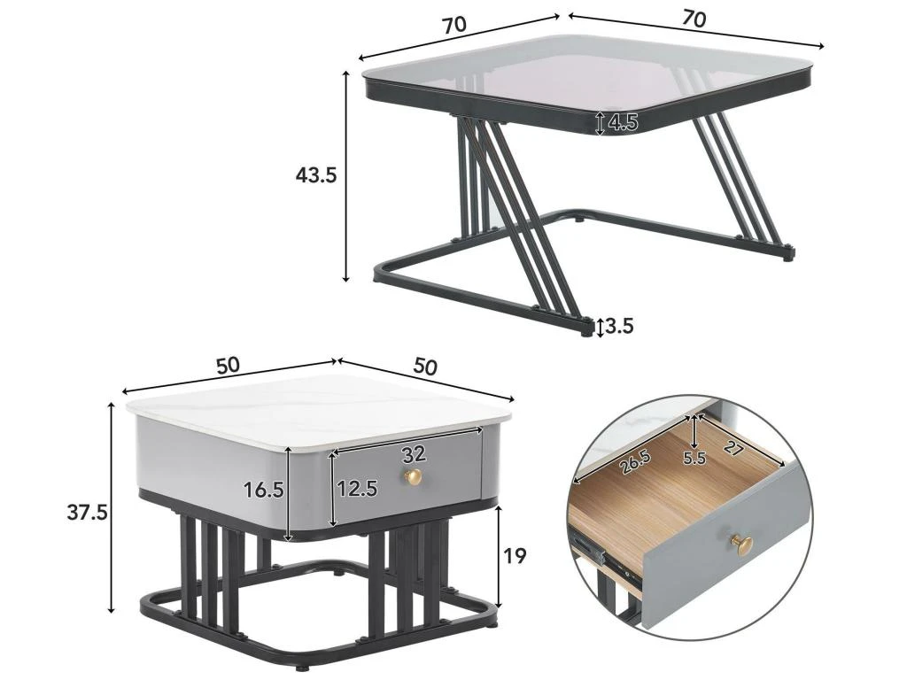 Lot De 2 Tables Gigognes Avec Un Tiroir - Recouverte De Verre Et De Marbre - Gris 5 Lot De 2 Tables Gigognes Avec Un Tiroir - Recouverte De Verre Et De Marbre - Gris – Image 5