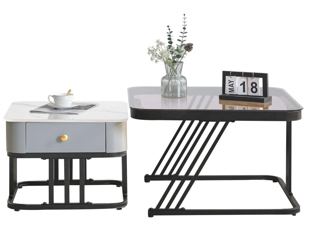 Lot De 2 Tables Gigognes Avec Un Tiroir - Recouverte De Verre Et De Marbre - Gris 6 Lot De 2 Tables Gigognes Avec Un Tiroir - Recouverte De Verre Et De Marbre - Gris – Image 6