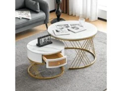 Lot De 2 Tables Gigognes - Texture Marbre - Tiroirs En Rotin - Cadre Doré - Blanc