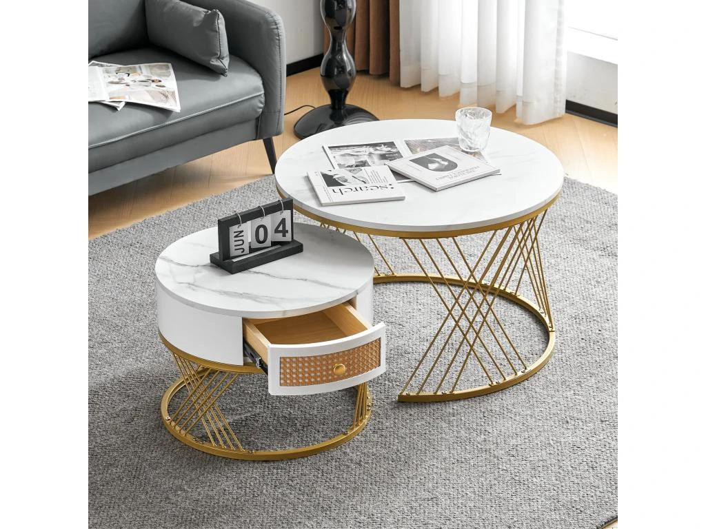 Lot De 2 Tables Gigognes - Texture Marbre - Tiroirs En Rotin - Cadre Doré - Blanc 1 Lot De 2 Tables Gigognes - Texture Marbre - Tiroirs En Rotin - Cadre Doré - Blanc