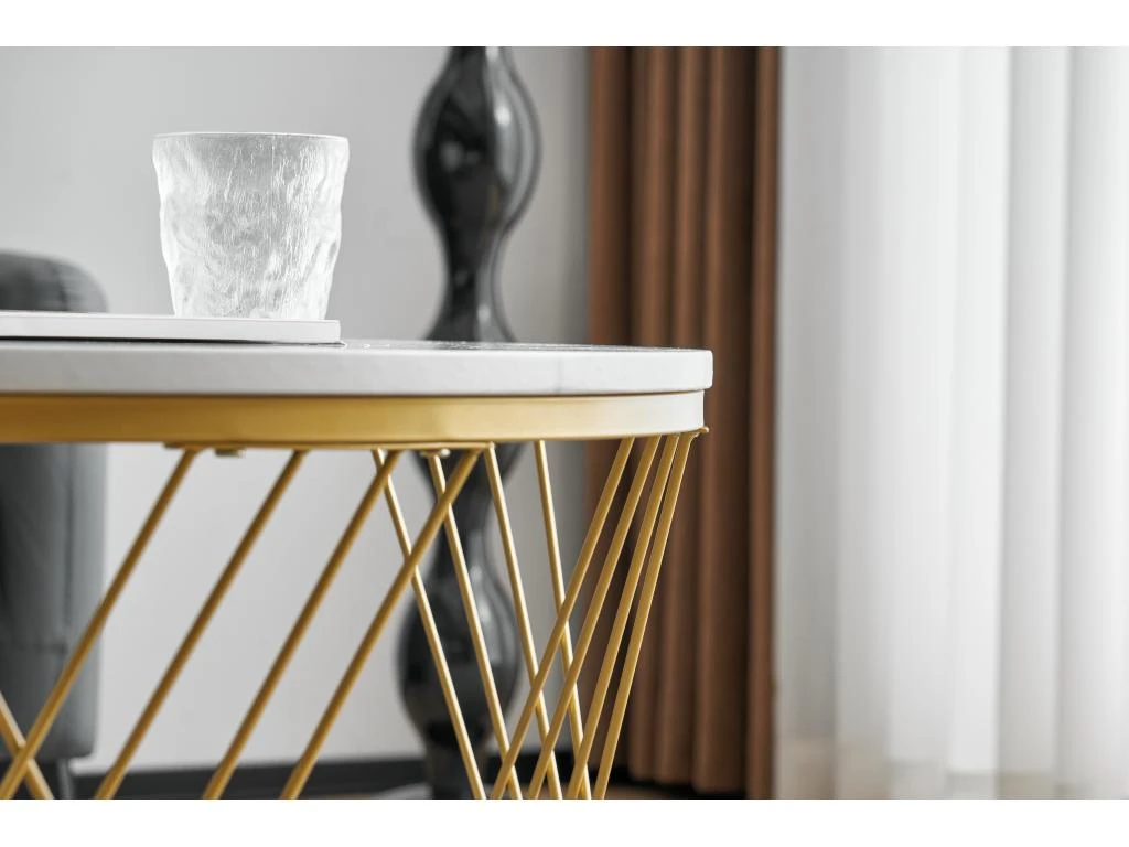 Lot De 2 Tables Gigognes - Texture Marbre - Tiroirs En Rotin - Cadre Doré - Blanc 2 Lot De 2 Tables Gigognes - Texture Marbre - Tiroirs En Rotin - Cadre Doré - Blanc – Image 2