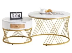 Lot De 2 Tables Gigognes - Texture Marbre - Tiroirs En Rotin - Cadre Doré - Blanc 9 Lot De 2 Tables Gigognes - Texture Marbre - Tiroirs En Rotin - Cadre Doré - Blanc -Deco.fr Soldes Boutique table basse 22125951