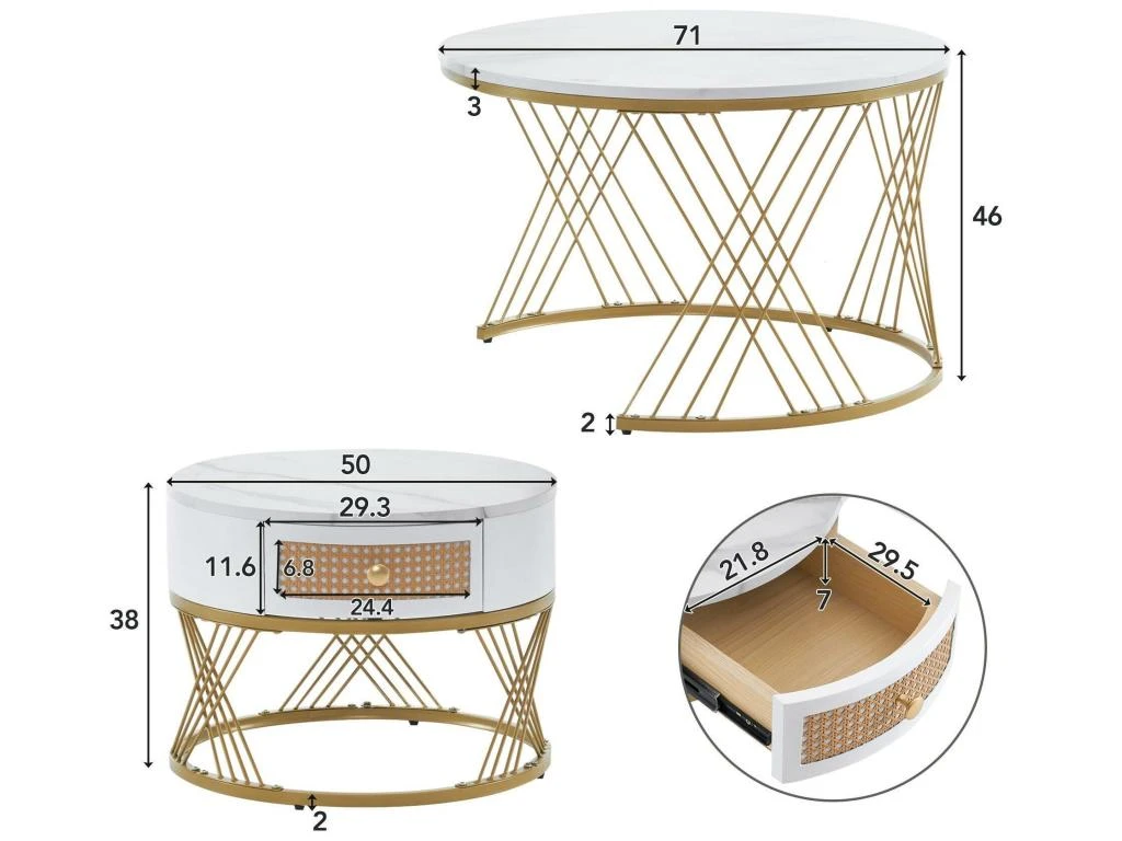 Lot De 2 Tables Gigognes - Texture Marbre - Tiroirs En Rotin - Cadre Doré - Blanc 4 Lot De 2 Tables Gigognes - Texture Marbre - Tiroirs En Rotin - Cadre Doré - Blanc – Image 4