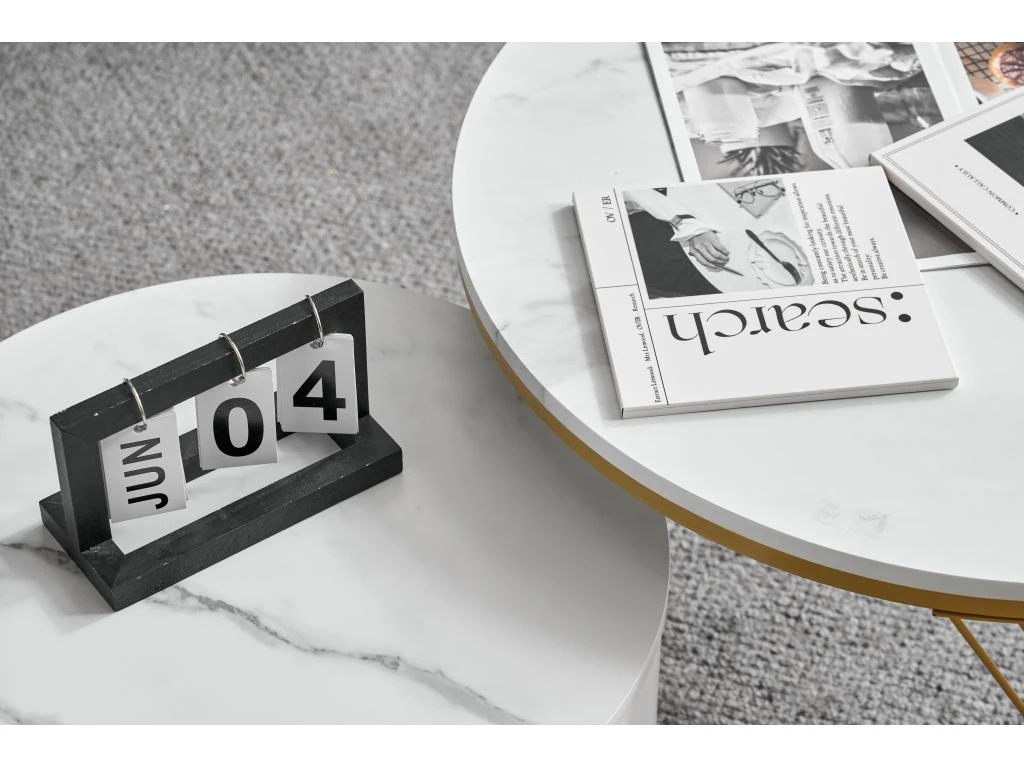 Lot De 2 Tables Gigognes - Texture Marbre - Tiroirs En Rotin - Cadre Doré - Blanc 5 Lot De 2 Tables Gigognes - Texture Marbre - Tiroirs En Rotin - Cadre Doré - Blanc – Image 5