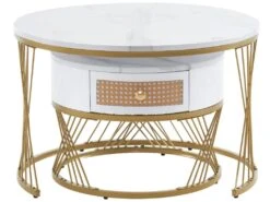 Lot De 2 Tables Gigognes - Texture Marbre - Tiroirs En Rotin - Cadre Doré - Blanc 12 Lot De 2 Tables Gigognes - Texture Marbre - Tiroirs En Rotin - Cadre Doré - Blanc -Deco.fr Soldes Boutique table basse 22125957