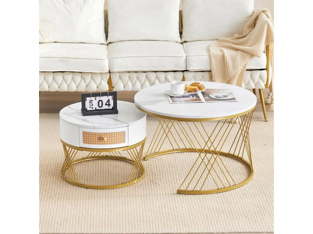 Lot De 2 Tables Gigognes - Texture Marbre - Tiroirs En Rotin - Cadre Doré - Blanc 7 Lot De 2 Tables Gigognes - Texture Marbre - Tiroirs En Rotin - Cadre Doré - Blanc – Image 7