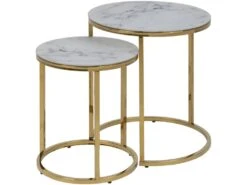 Alisma Table Basse, 2 Tablettes De Rangement, Cadre Doré, Impression Marbre Blanc.