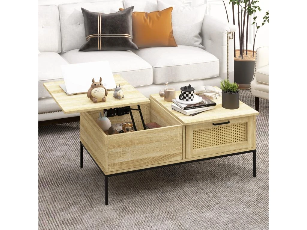 Table Basse Relevable Style Bohème Chic - 2 Tiroirs, Compartiment - Aspect Cannage Rotin PVC Panneaux Aspect Bois Clair 1 Table Basse Relevable Style Bohème Chic - 2 Tiroirs, Compartiment - Aspect Cannage Rotin PVC Panneaux Aspect Bois Clair