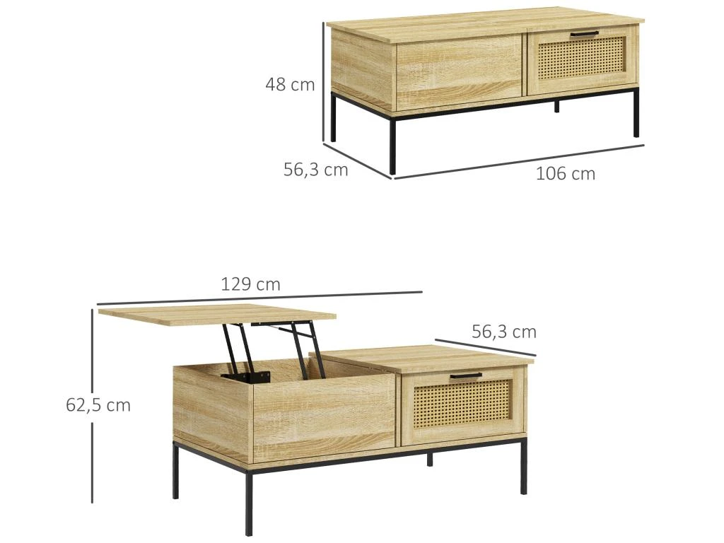 Table Basse Relevable Style Bohème Chic - 2 Tiroirs, Compartiment - Aspect Cannage Rotin PVC Panneaux Aspect Bois Clair 3 Table Basse Relevable Style Bohème Chic - 2 Tiroirs, Compartiment - Aspect Cannage Rotin PVC Panneaux Aspect Bois Clair – Image 3