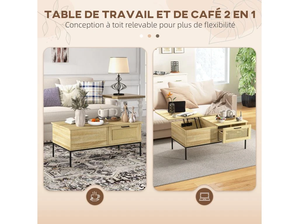 Table Basse Relevable Style Bohème Chic - 2 Tiroirs, Compartiment - Aspect Cannage Rotin PVC Panneaux Aspect Bois Clair 4 Table Basse Relevable Style Bohème Chic - 2 Tiroirs, Compartiment - Aspect Cannage Rotin PVC Panneaux Aspect Bois Clair – Image 4