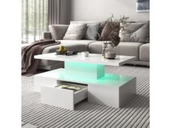 Table Basse Avec Tiroir Et LED - Finition Brillante - Blanc