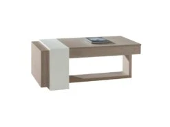 Table Basse Relevable 2 Tiroirs ChĂȘne Clair/Blanc - ESTEBAN