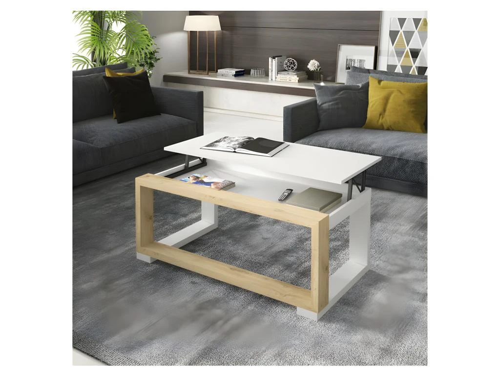 Table Basse Relevable Bois Blanc/Chêne Blond - UPTU 2 Table Basse Relevable Bois Blanc/Chêne Blond - UPTU – Image 2