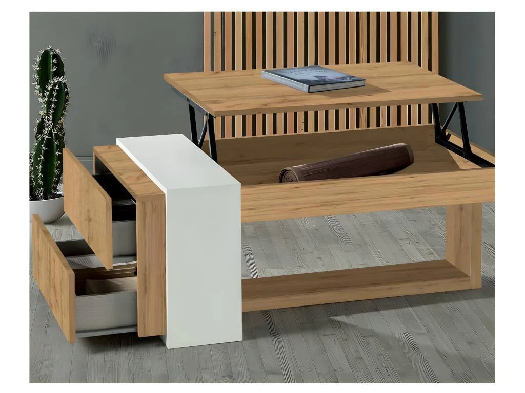 Table Basse Relevable 2 Tiroirs Chêne Blond/Bois Blanc - ESTEBAN 2 Table Basse Relevable 2 Tiroirs Chêne Blond/Bois Blanc - ESTEBAN – Image 2