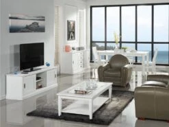 Table Basse GUERANDE - Plateau En Verre Trempé - Pin Blanc -Deco.fr Soldes Boutique table basse 244089