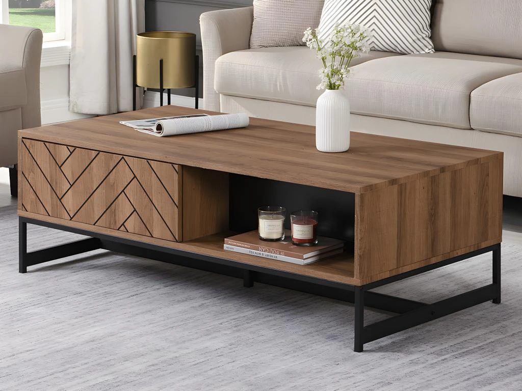 Table Basse Avec 2 Tiroirs Et 2 Niches - MDF - Naturel Et Noir - CARATANA 2 Table Basse Avec 2 Tiroirs Et 2 Niches - MDF - Naturel Et Noir - CARATANA – Image 2