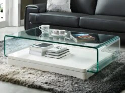 Table Basse GLOSSIE - Verre Courbé & MDF Laqué Blanc