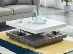 Table Basse - Plateau Pivotant - MDF Laqué Blanc Et Béton - FAUSTO II -Deco.fr Soldes Boutique table basse 398215