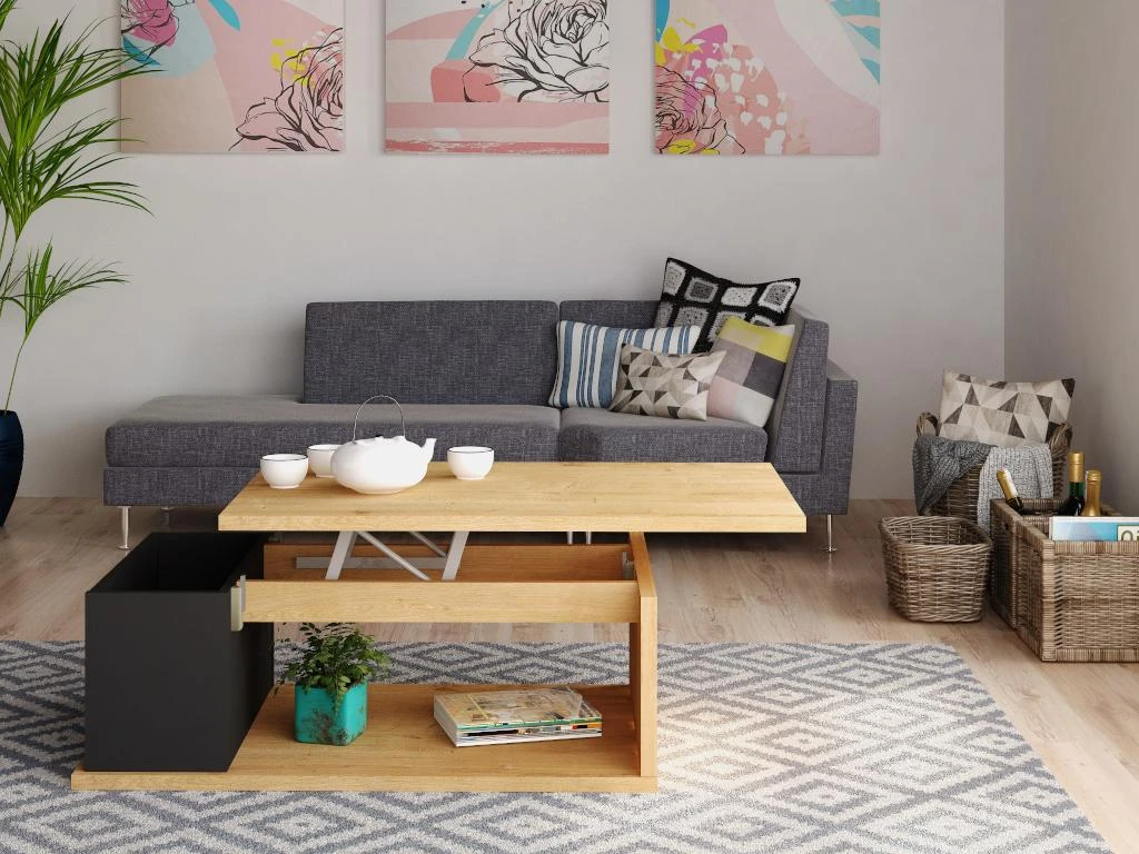 Table Basse ALDANA - Plateau Relevable - Bois Et MDF - Chêne Et Anthracite 6 Table Basse ALDANA - Plateau Relevable - Bois Et MDF - Chêne Et Anthracite – Image 6