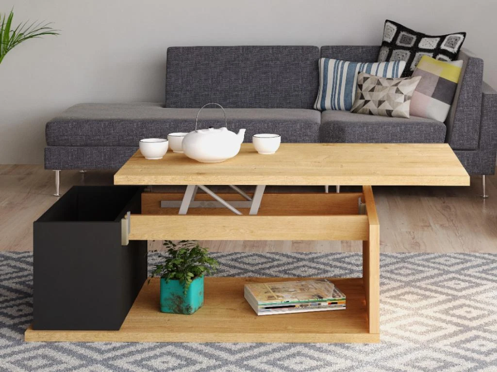 Table Basse ALDANA - Plateau Relevable - Bois Et MDF - Chêne Et Anthracite 2 Table Basse ALDANA - Plateau Relevable - Bois Et MDF - Chêne Et Anthracite – Image 2