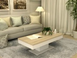 Table Basse ASTULIA - Avec Rangements - Blanc - Plateau Effet Chêne