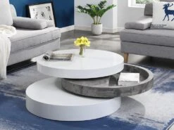 Table Basse Pivotante Ronde Avec 1 Niche En MDF - Béton Et Blanc - JANITA