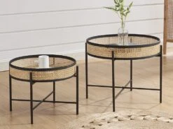 Lot De 2 Tables Basses Pliantes - Bambou, Rotin Et Métal - Naturel & Noir - HANOI
