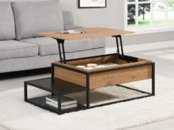 Table Basse Avec Plateau Relevable - MDF Et Métal - Naturel Et Noir - LUTESA