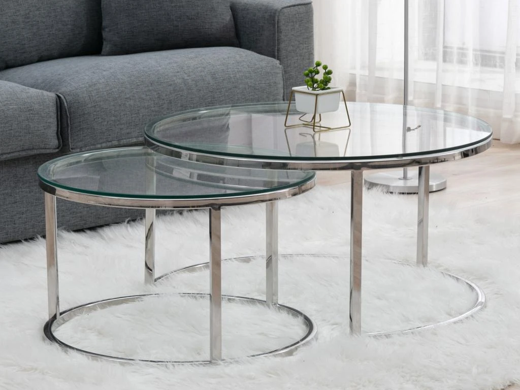 Tables Basses Gigognes En Verre Trempé Et Acier Inoxydable - Coloris : Argent - MAEVANE De Pascal MORABITO 2 Tables Basses Gigognes En Verre Trempé Et Acier Inoxydable - Coloris : Argent - MAEVANE De Pascal MORABITO – Image 2