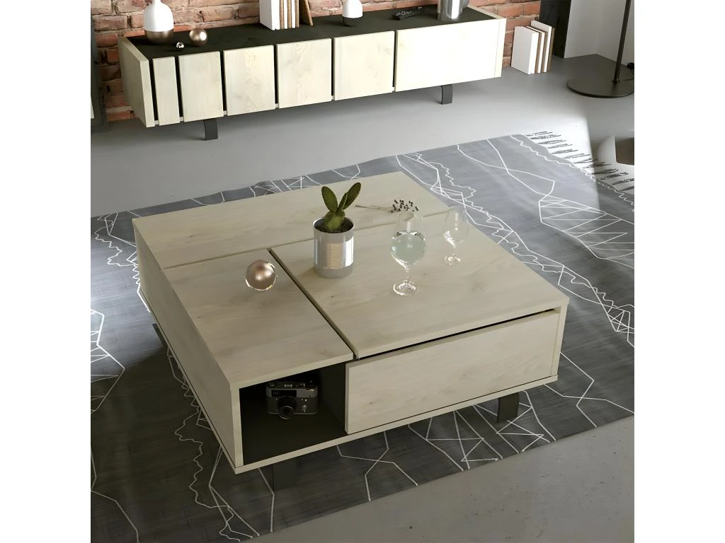 YUMA - Table Basse Relevable Carrée Industrielle Effet Chêne 2 YUMA - Table Basse Relevable Carrée Industrielle Effet Chêne – Image 2