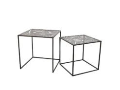 FLORA - Lot De 2 Tables Gigognes Métal Noir Motif Feuille