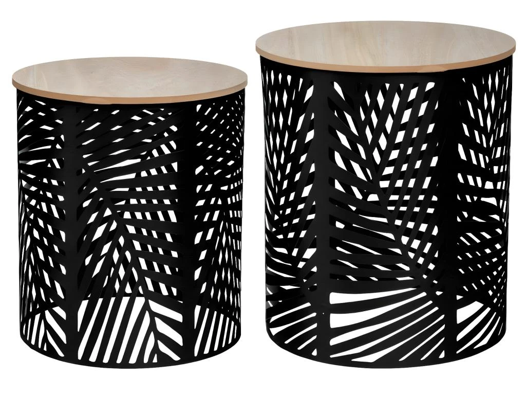 Lot De 2 Tables à Café En Métal Feuilles Noires Et Plateau En Bois 1 Lot De 2 Tables à Café En Métal Feuilles Noires Et Plateau En Bois
