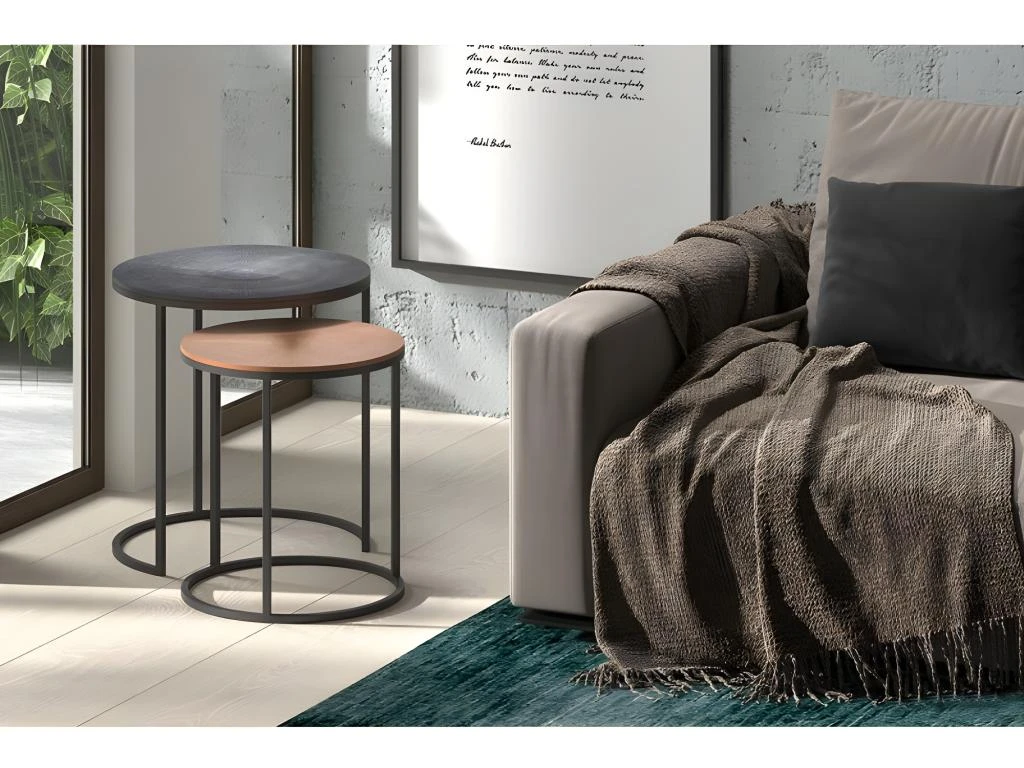 Tables D'appoint Gigognes Rondes En Métal Bicolore Collection LIVOS. Meuble Style Industriel 2 Tables D'appoint Gigognes Rondes En Métal Bicolore Collection LIVOS. Meuble Style Industriel – Image 2