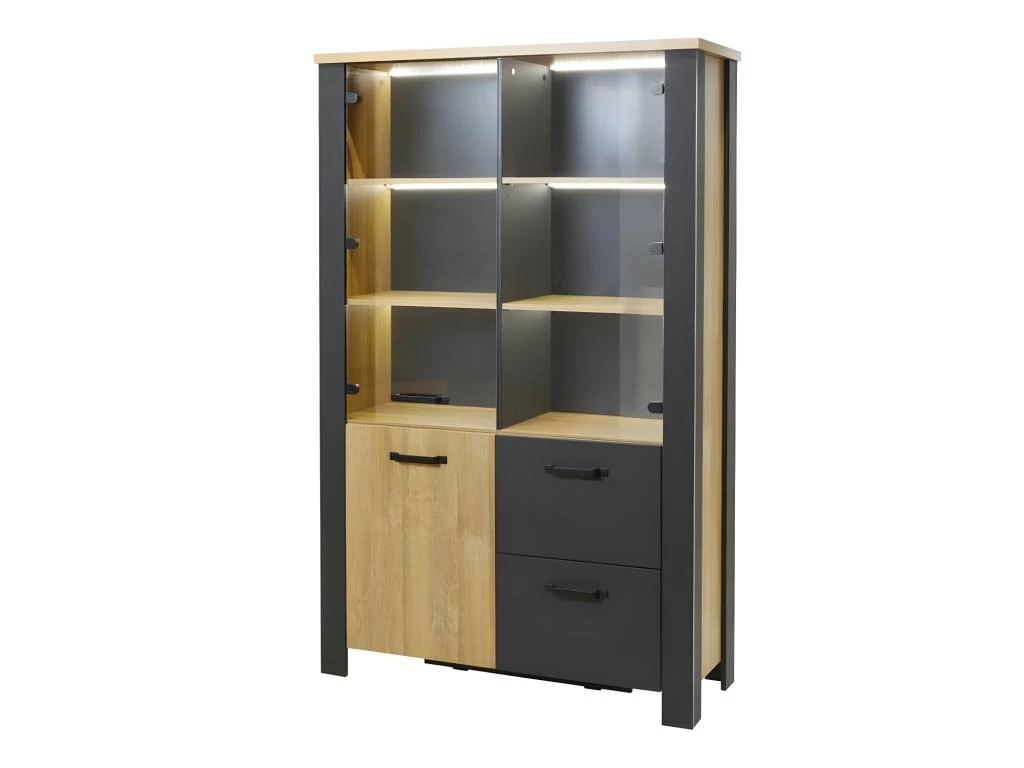 Vitrine 3 Portes 2 Tiroirs Chêne Naturel/Noir - ARTEMIS 1 Vitrine 3 Portes 2 Tiroirs Chêne Naturel/Noir - ARTEMIS