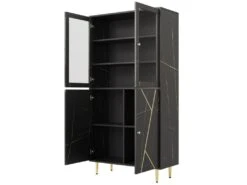 Vitrine Avec 2 Portes En Verre Et éclairage LED - Décorée De Rayures Dorées - Hauteur 180cm - Noir -Deco.fr Soldes Boutique vitrine 21224073