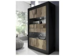 Vitrine 4 Portes Noir Mat/Bois Fumé à LEDS - MATERA