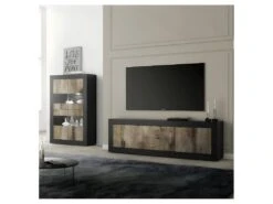 Vitrine 4 Portes Noir Mat/Bois Fumé à LEDS - MATERA -Deco.fr Soldes Boutique vitrine 21862903