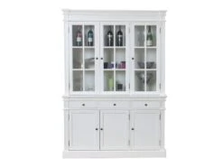 Amaretta Armoire Vitrine 3 Portes, Vieux Blanc, Vintage Patiné, Largeur 142 Cm, Hauteur 200 Cm.